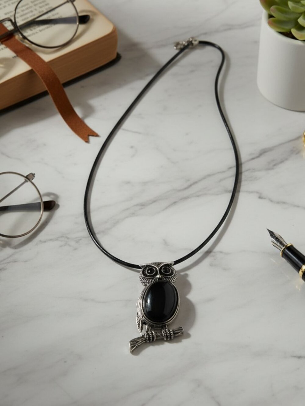 Obsidian Owl Necklace Leather Cord | Crystal Owl Pendant | Boho Protection